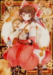 Rule 34 | 1girl, adapted costume, bad id, bad pixiv id, bare shoulders, boots, bow, brown eyes, brown hair, detached sleeves, funnyfunny, gears, hair bow, hair tubes, hakama, hakama skirt, hakurei reimu, japanese clothes, miko, red hakama, skirt, solo, steampunk, touhou, traditional media