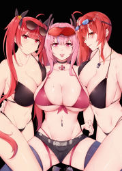 Rule 34 | 3girls, :p, absurdres, ahoge, azur lane, bare shoulders, belt, bikini, bikini tug, black background, black bikini, black choker, black ribbon, black shorts, blue thighhighs, blunt bangs, blush, breasts, bremerton (azur lane), brown eyes, choker, cleavage, closed mouth, collarbone, commentary, cowboy shot, dated, eyewear on head, front-tie bikini top, front-tie top, goggles, goggles on head, grey belt, grey hair, grey legwear, groin, hair between eyes, hair ornament, hair ribbon, hand on another&#039;s waist, highleg, highleg bikini, highres, honolulu (azur lane), honolulu (summer accident?!) (azur lane), large breasts, lifebuoy ornament, long hair, looking at viewer, micro shorts, mole, mole on breast, mole under eye, multi-strapped bikini, multicolored hair, multiple girls, multiple straps, navel, navel piercing, official alternate costume, piercing, pink bikini, pink eyes, pink hair, red-tinted eyewear, red eyes, red hair, ribbon, shorts, side ponytail, sidelocks, signature, sitting, skindentation, smile, standing, star (symbol), star hair ornament, stomach, streaked hair, sunglasses, sweat, swimsuit, thigh strap, thighhighs, tinted eyewear, tongue, tongue out, tongue piercing, twintails, two-tone hair, two-tone legwear, very long hair, whistle, whistle around neck, xianyue liuyu, zara (azur lane), zara (poolside coincidence) (azur lane)