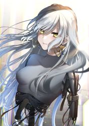 Rule 34 | 1girl, abe hikaru, android, breasts, closed mouth, damaged, earrings, highres, jewelry, long hair, looking at viewer, mechanical parts, medium breasts, original, silver-haired gynoid (abe hikaru), solo, upper body, yellow eyes