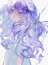 Rule 34 | 1girl, broken umbrella, closed mouth, commentary request, from side, gr 7, hair between eyes, highres, long hair, looking at viewer, looking to the side, original, purple eyes, purple hair, purple theme, school uniform, shirt, short sleeves, simple background, solo, white background, white shirt