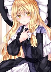 Rule 34 | 1girl, bad id, bad pixiv id, black dress, black hat, blonde hair, blush, bow, closed mouth, dress, epaulettes, hair between eyes, hair bow, hand up, hat, highres, kirisame marisa, long hair, long sleeves, nanase nao, puffy long sleeves, puffy sleeves, smile, solo, touhou, very long hair, white bow, witch hat, yellow eyes