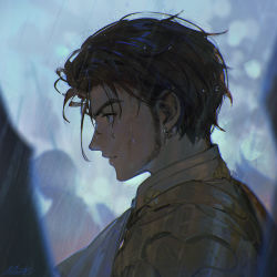 Rule 34 | 1boy, alzi xiaomi, armor, blurry, blurry background, brown hair, claude von riegan, fire emblem, fire emblem: three houses, from side, highres, looking away, male focus, messy hair, nintendo, parted lips, portrait, rain, short hair, sideburns, signature, sky, solo