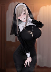 Rule 34 | 1girl, :d, arm up, black dress, breasts, brown hair, cowboy shot, cross, dress, eyebrows hidden by hair, grin, habit, hand on own neck, highres, impossible clothes, impossible dress, indoors, jjanda, large breasts, long hair, long sleeves, looking at viewer, nun, open mouth, original, parted lips, purple eyes, rosary, smile, solo, steaming body