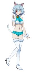 Rule 34 | 10s, 1girl, animal ears, bell, blue hair, blue shorts, boots, bra, breasts, cat ears, cat tail, cleavage, collar, collarbone, eyebrows, fake animal ears, full body, fur-trimmed boots, fur trim, hairband, highres, infinite stratos, large breasts, looking at viewer, navel, neck bell, one eye closed, red eyes, sarashiki tatenashi, short hair, short shorts, shorts, smile, solo, tail, thigh boots, thighhighs, transparent background, underwear, white bra, white footwear, white hairband, white thighhighs