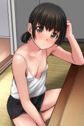 Rule 34 | 1girl, absurdres, bare arms, bare shoulders, black hair, black shorts, blush, breasts, brown eyes, camisole, collarbone, downblouse, hand up, highres, looking at viewer, low ponytail, matsunaga kouyou, no bra, nose blush, on floor, original, parted lips, ponytail, short shorts, shorts, sidelocks, sitting, small breasts, solo, table, tatami, white camisole