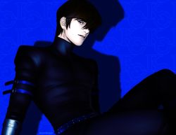Rule 34 | 1boy, arm strap, black eyes, black hair, blue background, bright pupils, commentary, english commentary, hair over one eye, kaiba seto, looking at viewer, male focus, parted lips, short hair, simple background, solo, white pupils, yu-gi-oh!, zombiedaisuke