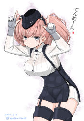 Rule 34 | 1girl, anger vein, atlanta (kancolle), black skirt, blush, breasts, brown hair, camouflage, camouflage skirt, dated, earrings, garrison cap, garter straps, gloves, grey eyes, hat, headgear, index finger raised, jewelry, kantai collection, long hair, long sleeves, masara (chuujou), open mouth, partially fingerless gloves, simple background, single earring, skirt, solo, star (symbol), star earrings, twintails, twitter username, two side up, white background