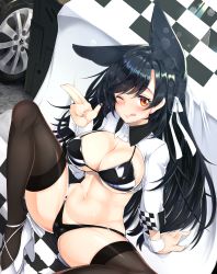 Rule 34 | 1girl, absurdres, animal ears, aruto (shake onigiri), atago (azur lane), atago (stunning speedster) (azur lane), azur lane, bikini, black bikini, black hair, black thighhighs, breasts, brown eyes, cameltoe, cleavage, extra ears, highres, large breasts, logo, long hair, looking at viewer, mole, mole under eye, race queen, ribbon, salute, shrug (clothing), sitting, solo, spread legs, swept bangs, swimsuit, thighhighs, tire, two-finger salute, two-tone bikini, white footwear, white ribbon, wolf ears, wrist cuffs
