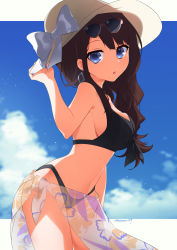 Rule 34 | 1girl, absurdres, arm at side, assault lily, bare arms, bare shoulders, bikini, black bikini, blue eyes, blue sky, bow, breasts, brown hair, brown hat, cloud, commentary request, cowboy shot, day, earrings, eyewear on head, floral print, from side, grey bow, hand on headwear, hand up, hat, hat bow, highres, jewelry, kaede johan nouvel, leaning forward, letterboxed, light particles, long hair, looking at viewer, looking to the side, mari (rodoney-kiara), medium breasts, navel, official alternate costume, outdoors, outside border, parted lips, pink-framed eyewear, print sarong, sarong, see-through, sideboob, sidelocks, sky, solo, standing, stomach, sun hat, sunglasses, swimsuit, twitter username, white sarong