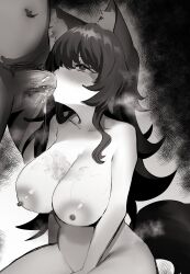 Rule 34 | 1girl, absurdres, animal ears, black hair, blush, breasts, breath, commission, cum, cum in mouth, cumdrip, darkdeaththorn, drooling, fellatio, greyscale, hair over one eye, hetero, highres, hololive, large areolae, large breasts, long hair, looking up, male pubic hair, monochrome, nose blush, nude, ookami mio, oral, penis, pubic hair, rolling eyes, solo focus, tail, tongue, tongue out, very long hair, virtual youtuber, vomit, wolf ears, wolf girl, wolf tail
