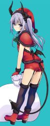 Rule 34 | 1girl, aqua background, black thighhighs, blush, boots, capelet, christmas, demon girl, demon horns, demon tail, demon wings, from side, fur-trimmed gloves, fur trim, garter straps, gloves, hair between eyes, hat, holding, horns, light purple hair, long hair, looking at viewer, mini wings, original, over-kneehighs, purple eyes, red gloves, sack, santa hat, short shorts, shorts, side ponytail, solo, standing, sukebewe, tail, thighhighs, wings