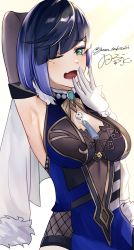 Rule 34 | 1girl, absurdres, arm up, armpits, black gloves, blue eyes, blue hair, breasts, chinese clothes, dice, elbow gloves, eyebrows hidden by hair, genshin impact, gloves, gnsn tukituki, highres, large breasts, looking at viewer, medium breasts, one eye closed, open mouth, short hair, solo, white gloves, yawning, yelan (genshin impact)