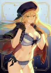 Rule 34 | 1girl, absurdres, artoria caster (fate), artoria caster (second ascension) (fate), artoria pendragon (fate), beret, black gloves, blonde hair, bow, bow bra, bra, breasts, capelet, cleavage, closed mouth, collarbone, fate/grand order, fate (series), gloves, gold trim, green eyes, hands up, hat, highres, holding, large breasts, lingerie, long hair, looking at viewer, mashuu (neko no oyashiro), navel, panties, ribbon, scan, simple background, solo, stomach, thighs, underwear