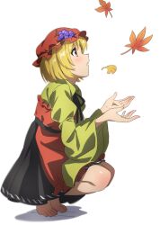Rule 34 | 1girl, aki minoriko, apron, barefoot, black skirt, blonde hair, brown eyes, food-themed hair ornament, frilled apron, frills, fruit hat ornament, full body, grape hair ornament, gyouza (mhea5724), hair ornament, highres, leaf, maple leaf, red apron, red headwear, shirt, short hair, skirt, solo, squatting, touhou, wide sleeves, yellow shirt