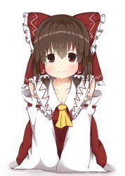Rule 34 | 1girl, akabeco, all fours, bare shoulders, blush, bow, breasts, brown eyes, brown hair, cleavage, closed mouth, collarbone, cookie (touhou), hair bow, hair tubes, hakurei reimu, highres, kanna (cookie), looking at viewer, medium breasts, red bow, short hair, smile, solo, touhou