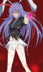 Rule 34 | 1girl, :|, animal ears, blazer, blood, blood splatter, breasts, buttons, closed mouth, collarbone, collared shirt, commentary request, expressionless, finger gun, glowing, glowing eyes, highres, injury, jacket, knees, light purple hair, long hair, long sleeves, looking at viewer, medium breasts, navel, necktie, rabbit ears, red background, red eyes, red necktie, reisen udongein inaba, scratches, shirt, simple background, skirt, solo, soregashi (nobuyoshi-numa2), standing, stomach, suit jacket, thighs, torn clothes, torn shirt, torn skirt, torn sleeves, touhou, white shirt, white skirt, wing collar