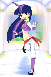 Rule 34 | 1girl, black footwear, black hair, curtains, dancer, dancing, drantyno, flat chest, harem outfit, hasbro, horns, long hair, long sleeves, looking at viewer, multicolored hair, my little pony, my little pony: equestria girls, my little pony: friendship is magic, navel, open clothes, open mouth, open shirt, pants, princess twilight sparkle, purple eyes, purple hair, purple shirt, shirt, shoes, single horn, smile, standing, standing on one leg, teeth, twilight sparkle, two-tone hair, white pants