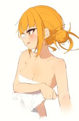 Rule 34 | 1girl, absurdres, blonde hair, blunt bangs, blush, boku no hero academia, breasts, cleavage, covering privates, covering breasts, double bun, embarrassed, hair bun, highres, messy hair, nude, rasusurasu, sidelocks, simple background, solo, toga himiko, towel, wavy mouth, white background, yellow eyes