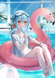 Rule 34 | 1girl, ahoge, barefoot, bikini, blue hair, blush, breasts, cloud, colored inner hair, commentary, english commentary, food, goggles, goggles on head, hair between eyes, highres, holding, holding food, holding ice cream, ice cream, indoors, innertube, jacket, licking, long bangs, looking at viewer, low ponytail, multicolored hair, murumuru (pixiv51689952), navel, open clothes, open jacket, original, pool, red eyes, scrunchie, short sleeves, sky, small breasts, solo, sunlight, sweat, swim ring, swimsuit, white bikini, white jacket, wrist scrunchie