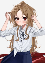 Rule 34 | 1girl, absurdres, aisaka taiga, black ribbon, blue skirt, blush, brown eyes, brown hair, closed mouth, commentary, hair strand, hands up, highres, jacket, unworn jacket, long hair, long sleeves, looking at viewer, messy hair, neck ribbon, oohashi high school uniform, parted bangs, partially unbuttoned, pleated skirt, red jacket, ribbon, school uniform, shin ilst, shirt, sitting, skirt, sleeves rolled up, solo, toradora!, untucked shirt, v-shaped eyebrows, white background, white shirt