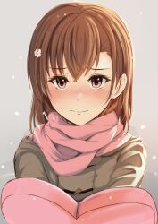 Rule 34 | 1girl, blush, box, brown eyes, brown hair, closed mouth, coat, embarrassed, flower, grey background, grey coat, hair between eyes, hair flower, hair ornament, heart-shaped box, highres, holding, k3rd, looking at viewer, medium hair, misaka mikoto, pink scarf, scarf, snowing, solo, straight hair, toaru majutsu no index, toaru majutsu no index: new testament, upper body, white flower