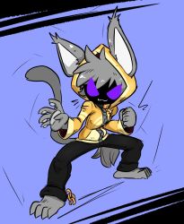 Rule 34 | 1boy, animal ears, baggy pants, barefoot, cat ears, cat tail, claws, clenched hand, commission, furry, furry male, highres, hood, hoodie, jellot, original, pants, purple eyes, stance, tail