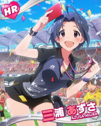Rule 34 | 10s, 3girls, :d, ahoge, blue hair, breasts, character name, cleavage, confetti, idolmaster, idolmaster (classic), idolmaster million live!, lens flare, miura azusa, multiple girls, official art, open mouth, red card, red eyes, referee, short hair, shorts, smile, soccer, soccer field, soccer jersey, soccer uniform, sportswear, whistle