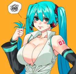 Rule 34 | 00s, 1girl, alternate breast size, aqua eyes, aqua hair, archvermin, blush, breasts, cleavage, commentary, detached sleeves, frown, hatsune miku, headset, highres, large breasts, long hair, looking at viewer, no bra, orange background, solo, spoken squiggle, squiggle, sweatdrop, twintails, upper body, vocaloid
