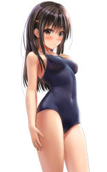 Rule 34 | 1girl, armpit crease, bare arms, bare legs, bare shoulders, black hair, blue one-piece swimsuit, blush, breasts, brown eyes, closed mouth, competition school swimsuit, contrapposto, covered navel, cowboy shot, groin, hair ornament, hairclip, hand on own thigh, highres, impossible clothes, impossible swimsuit, long hair, looking at viewer, medium breasts, navel, one-piece swimsuit, original, school swimsuit, simple background, solo, standing, swimsuit, thighs, tight clothes, white background, x hair ornament, yukemuriganmo