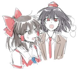 Rule 34 | 2girls, anger vein, bare shoulders, black hair, blue necktie, bow, brown jacket, collared dress, collared jacket, collared shirt, commentary request, detached sleeves, dress, frills, grey eyes, grey hair, hair between eyes, hair bow, hair ornament, hair tubes, hakurei reimu, hat, jacket, long sleeves, looking at another, multiple girls, necktie, open clothes, open jacket, open mouth, pointy ears, pom pom (clothes), ponytail, re ghotion, red bow, red dress, red eyes, red headwear, red necktie, shameimaru aya, shameimaru aya (newsboy), shirt, short hair, simple background, smile, standing, tokin hat, tongue, touhou, v-shaped eyebrows, white background, white shirt