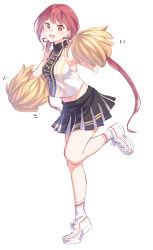 Rule 34 | 1girl, :d, amano mizore, bare shoulders, black skirt, blush, breasts, cheerleader, commentary request, full body, hair ribbon, hand up, holding, long hair, looking at viewer, low twintails, medium breasts, midriff, navel, open mouth, original, pleated skirt, pom pom (cheerleading), red eyes, red hair, red ribbon, ribbon, shirt, shoes, simple background, skirt, sleeveless, sleeveless shirt, smile, sneakers, socks, solo, standing, standing on one leg, teeth, twintails, upper teeth only, very long hair, white background, white footwear, white socks, yuki arare