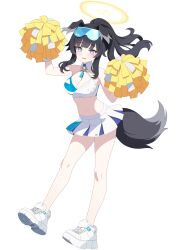 Rule 34 | 1girl, absurdres, animal ears, baozi 9527, bare shoulders, black hair, black tail, blue-tinted eyewear, blue archive, blue eyes, blush, breasts, cheerleader, cleavage, collar, commentary request, crop top, detached collar, dog ears, dog girl, dog tail, dot nose, embarrassed, eyewear on head, full body, gloves, halo, halterneck, hibiki (blue archive), hibiki (cheer squad) (blue archive), highres, holding, holding pom poms, large breasts, long hair, medium breasts, midriff, name tag, navel, official alternate costume, open mouth, pom pom (cheerleading), pom poms, ponytail, shoes, skirt, sneakers, solo, star sticker, sticker on face, tail, tinted eyewear, wavy mouth, white collar, white footwear, white gloves, white skirt, yellow halo