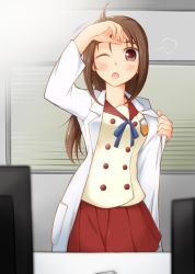 Rule 34 | 1girl, ;o, arakawa tarou, brown eyes, brown hair, buttons, cowboy shot, emblem, eyelashes, happinesscharge precure!, highres, indoors, jindaiji mami, lab coat, long hair, looking at viewer, one eye closed, pikarigaoka middle school uniform, pleated skirt, precure, red skirt, sailor collar, school uniform, serafuku, shirt, skirt, solo, standing, table, twintails, undressing