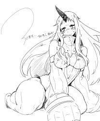 Rule 34 | 10s, 1girl, abyssal ship, bare legs, blush, claws, cleavage cutout, clothing cutout, collar, detached sleeves, greyscale, hair between eyes, horns, kantai collection, leotard, lineart, long hair, looking away, monochrome, seaport princess, sidelocks, single horn, sitting, sketch, solo, sweat, torichamaru, translation request, wariza, white background, wide sleeves