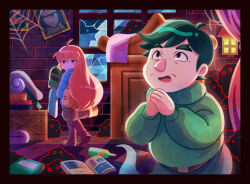 Rule 34 | 1boy, 1girl, ahoge, backpack, bag, black eyes, blue coat, border, broken window, celeste (video game), closed mouth, coat, fuwamoko momen toufu, green hair, green sweater, highres, indoors, long hair, long sleeves, looking at another, looking away, madeline (celeste), mr. oshiro, open mouth, red eyes, red hair, short hair, silk, spider web, sweater, window