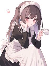 Rule 34 | 1girl, :o, apron, black dress, blush, brown hair, commentary request, cup, dress, frilled apron, frills, hand on own cheek, hand on own face, haruta 333 x, head rest, heart, highres, holding, holding cup, juliet sleeves, long hair, long sleeves, looking at viewer, maid, maid apron, maid headdress, one side up, open mouth, original, puffy sleeves, red eyes, revision, simple background, sitting, solo, teacup, two side up, white apron, white background