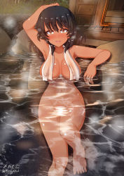 Rule 34 | 1girl, andou (girls und panzer), armpits, barefoot, black hair, blush, breasts, cleavage, girls und panzer, highres, in water, large breasts, looking at viewer, megadeko, navel, nude, onsen, open mouth, outdoors, partially submerged, shiny skin, short hair, sitting, smile, solo, steam, towel, yellow eyes