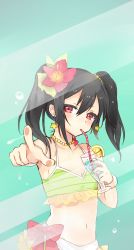 Rule 34 | 10s, 1girl, against glass, bikini, bikini top only, black hair, blush, cup, drink, drinking straw, earrings, flat chest, flower, gmanee, hair flower, hair ornament, highres, jewelry, looking at viewer, love live!, love live! school idol project, natsuiro egao de 1 2 jump!, navel, necklace, pointing, pointing at viewer, red eyes, short hair, solo, star (symbol), star earrings, striped bikini, striped bikini top, striped clothes, swimsuit, twintails, upper body, yazawa nico