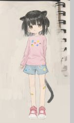 Rule 34 | 1girl, animal ears, bandaid, bandaid on leg, black hair, blue shorts, brown eyes, cat ears, cat girl, cat tail, closed mouth, eyebrows hidden by hair, facial mark, full body, highres, long sleeves, original, pink shirt, red footwear, shirt, sho (sho lwlw), shoes, short shorts, shorts, sleeves past wrists, solo, standing, tail, tongue, tongue out, two side up, whisker markings