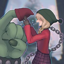 Rule 34 | 1girl, blonde hair, blurry, blurry background, borrowed character, braid, buttons, chain, chain leash, collar, colored skin, disembodied hand, flying sweatdrops, from side, giant hand, gloves, green headwear, green skin, hair over eyes, highres, jacket, knit hat, leash, ohitsu3, open mouth, original, outline, plaid, plaid skirt, pleated skirt, profile, purple skirt, red headwear, red jacket, skirt, studded bracelet, twin braids, yoinomori hizumi