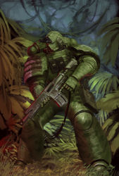 Rule 34 | 1boy, absurdres, adeptus astartes, armor, bolter, camouflage, ginjima, grass, gun, helmet, highres, holding, holding gun, holding weapon, jungle, military, nature, night vision, outdoors, pauldrons, shoulder armor, solo, space marine, standing, tree, trigger discipline, warhammer 40k, weapon