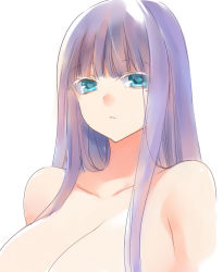 Rule 34 | 1girl, bad id, bad pixiv id, bare shoulders, blue eyes, blue hair, blunt bangs, breasts, cleavage, colored eyelashes, large breasts, long hair, matching hair/eyes, mole, mole under eye, shuumatsu no harem, simple background, solo, suou mira, upper body, white background, yostxxx