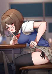 Rule 34 | 1girl, absurdres, artist name, beiske (de skb3), black panties, black thighhighs, blouse, blue sweater vest, blurry, blurry background, bow, bowtie, breasts, brown hair, brown skirt, classroom, clothes lift, collared shirt, commentary request, depth of field, desk, fang, from side, glasses, green eyes, highres, idolmaster, idolmaster cinderella girls, indoors, leaning forward, lifted by self, looking at viewer, looking to the side, maekawa miku, medium breasts, one eye closed, open mouth, paid reward available, panties, patreon username, pleated skirt, red-framed eyewear, red bow, red bowtie, school desk, school uniform, shirt, short hair, short sleeves, side-tie panties, sitting, skirt, skirt lift, solo, sweater vest, thighhighs, underwear, watermark, web address, white shirt, wing collar