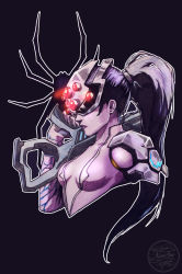 Rule 34 | 1girl, absurdres, artist name, bodysuit, breasts, bug, center opening, collarbone, colored skin, covered eyes, earrings, gloves, glowing, gun, head-mounted display, highres, jewelry, lips, long hair, looking to the side, millipen (medium), nico fari, overwatch, overwatch 1, pink bodysuit, ponytail, purple background, purple hair, purple skin, rifle, short sleeves, signature, silhouette, simple background, small breasts, solo, spider, stud earrings, traditional media, upper body, visor, weapon, widowmaker (overwatch)