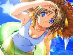 Rule 34 | 00s, 1girl, akino takehiko, arm up, backlighting, blue eyes, bow, breasts, brown hair, cleavage, collarbone, covered erect nipples, covered navel, day, dutch angle, flower, hat, hat flower, hibiscus, innertube, katase yuki, leaning forward, lens flare, medium breasts, mizuiro, one-piece swimsuit, sky, smile, solo, straw hat, swim ring, swimsuit, transparent, yellow bow