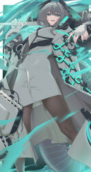 Rule 34 | 1girl, absurdres, aqua nails, arknights, black pantyhose, blue eyes, breasts, dress, feet out of frame, fingerless gloves, gloves, grey hair, head wings, highres, ho&#039;olheyak (arknights), holding, holding staff, kimo suna, looking at viewer, medium breasts, nail polish, open mouth, pantyhose, small breasts, solo, staff, standing, tail, weapon behind back, white dress, white gloves, wings