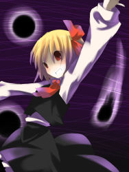 Rule 34 | 1girl, blonde hair, darkness, embodiment of scarlet devil, female focus, gradient hair, hair ribbon, mikan (ama no hakoniwa), mikan (pixiv476380), multicolored hair, outstretched arms, purple hair, red eyes, ribbon, rumia, short hair, smile, solo, spread arms, touhou