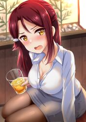 1girl aged_up alcohol blush breasts cleavage commentary_request cup drunk glass grey_skirt hair_ornament hairclip highres holding holding_cup kibihimi large_breasts looking_at_viewer love_live! love_live!_sunshine!! open_mouth pantyhose red_hair sakurauchi_riko shirt sitting skirt tearing_up white_shirt yellow_eyes