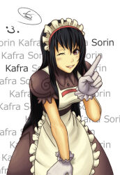 1girl apron black_hair brown_dress brown_eyes character_name collared_dress commentary_request cowboy_shot dress frilled_apron frills gloves grin inaba515 index_finger_raised jasmine_(ragnarok_online) kafra_uniform leaning_forward looking_at_viewer maid maid_headdress one_eye_closed puffy_short_sleeves puffy_sleeves ragnarok_online short_sleeves smile solo white_apron white_background white_gloves