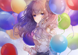 Rule 34 | 1girl, absurdres, balloon, commentary request, grey hair, highres, idolmaster, idolmaster shiny colors, long hair, long sleeves, looking at viewer, namamake, plaid, purple eyes, shirt, solo, twintails, upper body, white shirt, wind, yukoku kiriko